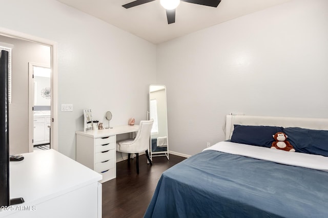 bedroom featuring baseboards, dark wood-style floors, and ceiling fan