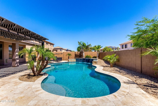 view of swimming pool with a patio, a fenced in pool, and a fenced backyard