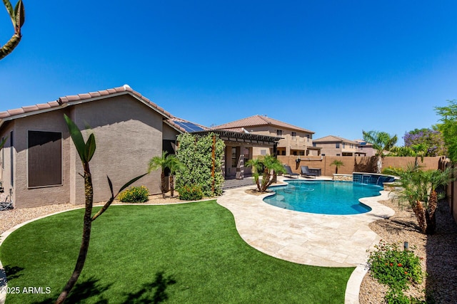 view of pool with a pergola, a fenced backyard, a fenced in pool, a patio area, and a yard