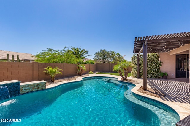 view of pool with a patio, a pergola, a fenced in pool, and a fenced backyard