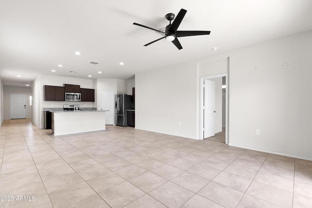 5269 E Gummite Dr, San Tan Valley, AZ 85143 - unfurnished living room featuring light tile patterned floors, visible vents, ceiling fan, and recessed lighting