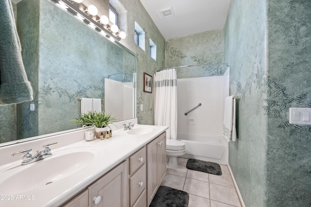 full bathroom featuring shower / tub combo, visible vents, a sink, and tile patterned floors