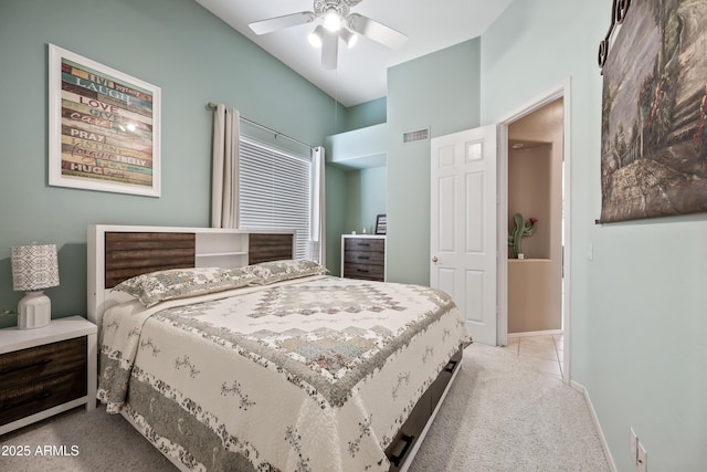 bedroom with light carpet, baseboards, visible vents, and ceiling fan