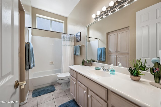 full bath featuring toilet, tile patterned flooring, shower / bath combination with curtain, and vanity