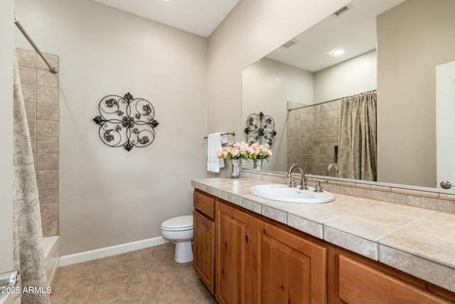 bathroom featuring baseboards, visible vents, toilet, shower / bath combination with curtain, and vanity