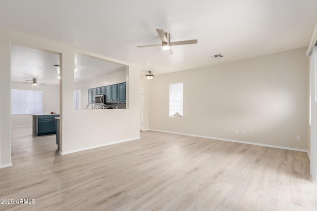 unfurnished living room with light hardwood / wood-style floors and ceiling fan