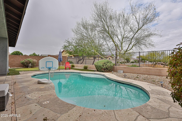 view of swimming pool featuring a patio, a fenced backyard, and a fenced in pool