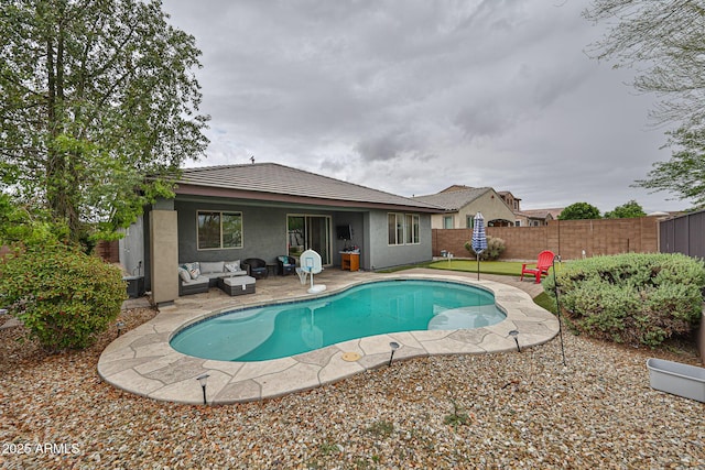view of pool with a fenced backyard, a patio area, an outdoor living space, and a fenced in pool