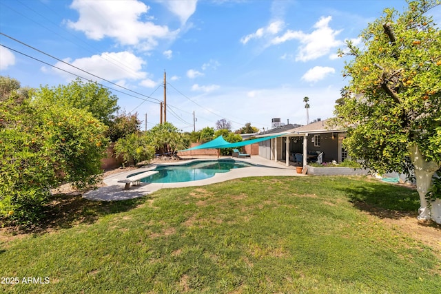 outdoor pool with a yard, a fenced backyard, a patio, and a diving board