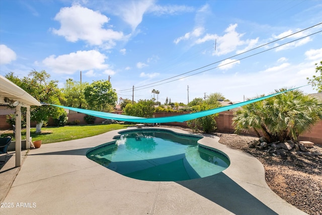view of swimming pool with a fenced in pool, a patio, and a fenced backyard