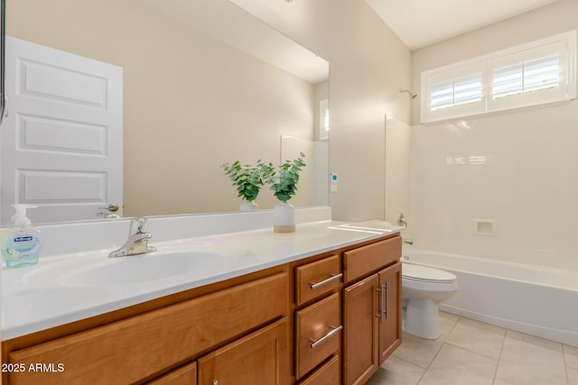 full bathroom featuring toilet, tile patterned flooring, vanity, and tub / shower combination