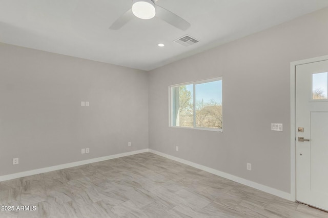 unfurnished room with baseboards, visible vents, ceiling fan, and recessed lighting