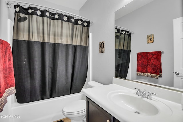 full bathroom with vanity, toilet, and shower / bathtub combination with curtain