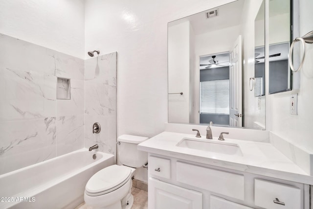 bathroom with bathing tub / shower combination, visible vents, toilet, ceiling fan, and vanity