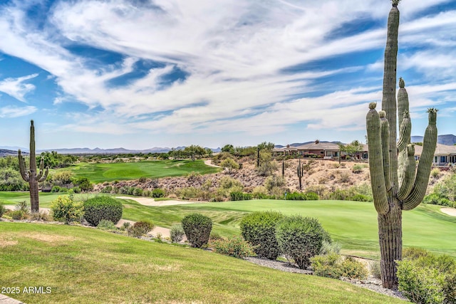 view of community with view of golf course and a yard