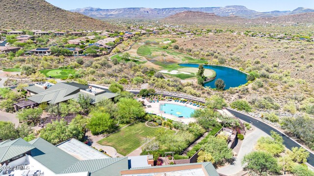 bird's eye view featuring a water and mountain view