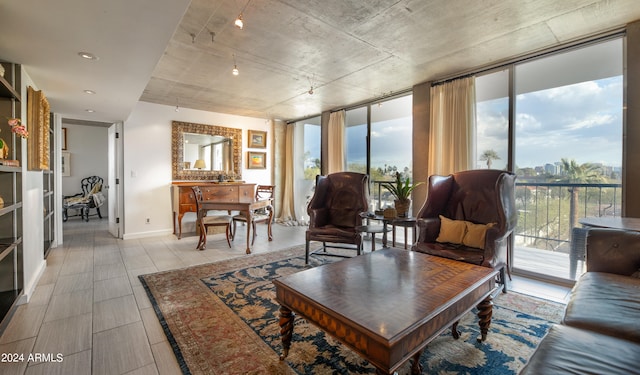 living room featuring a wall of windows