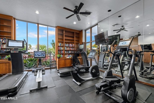 gym with ceiling fan, a wall of windows, and a wealth of natural light