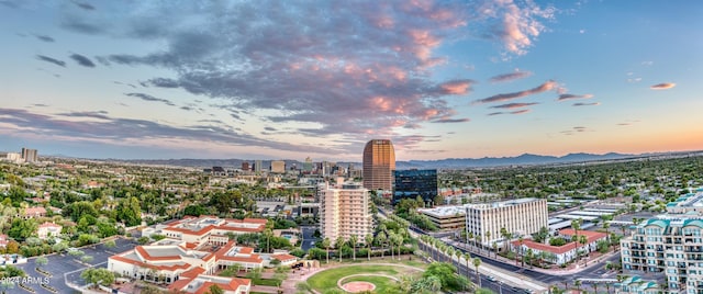 view of aerial view at dusk