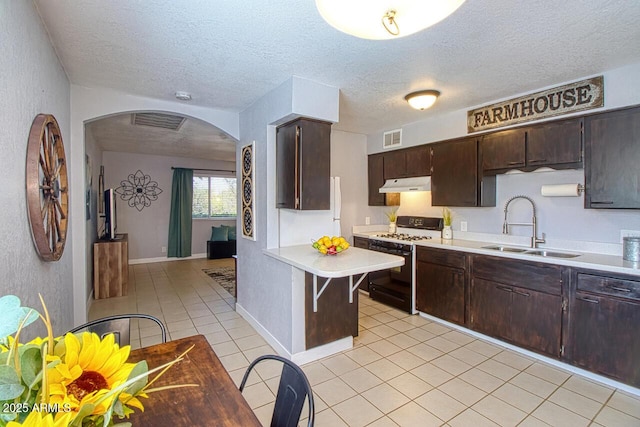 4905 E Horseshoe Ln, Cottonwood, AZ 86326 - kitchen with gas range gas stove, arched walkways, under cabinet range hood, a sink, and visible vents