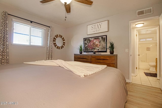 4905 E Horseshoe Ln, Cottonwood, AZ 86326 - bedroom featuring visible vents, ceiling fan, ensuite bath, and light wood-style floors