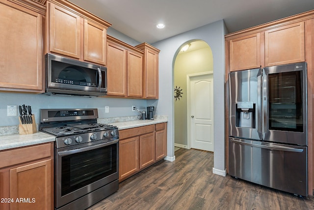 kitchen with stainless steel appliances and dark hardwood / wood-style floors