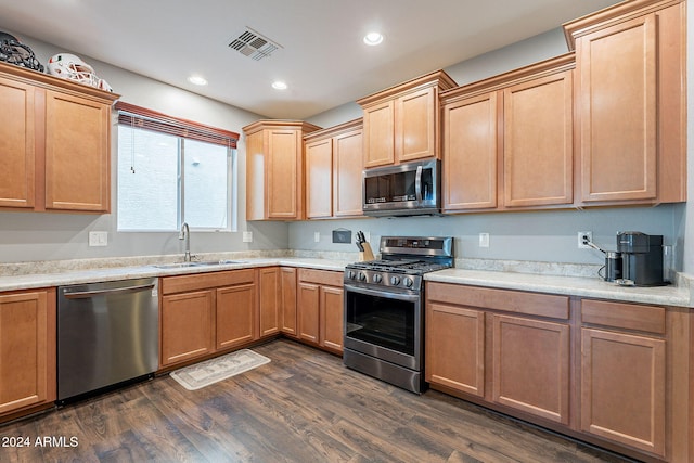 kitchen with sink, appliances with stainless steel finishes, and dark wood-type flooring