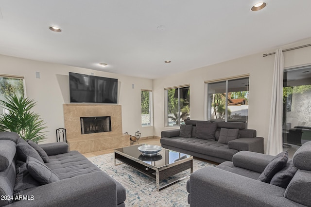 living room with a high end fireplace and a healthy amount of sunlight