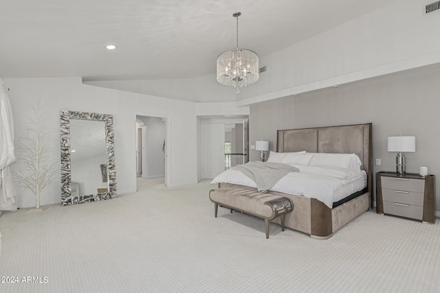 bedroom with vaulted ceiling, an inviting chandelier, and light colored carpet