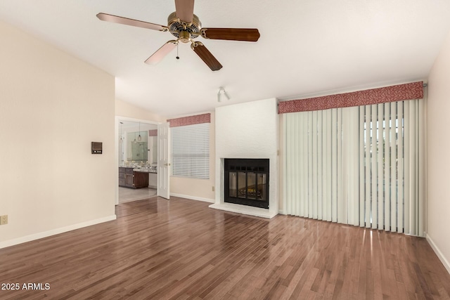 15602 N 19th St, Phoenix, AZ 85022 - unfurnished living room featuring ceiling fan, hardwood / wood-style flooring, and lofted ceiling