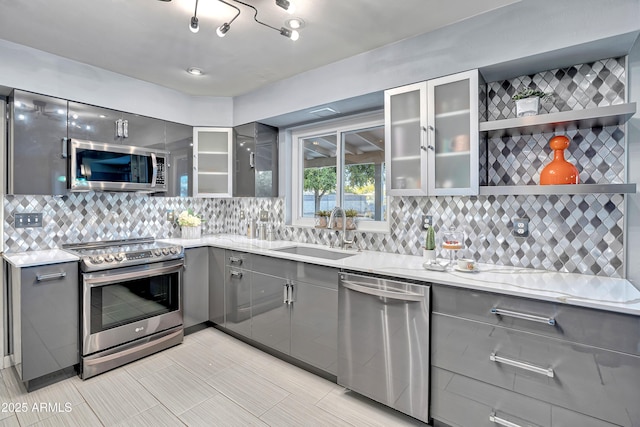 kitchen with gray cabinets, stainless steel appliances, and sink