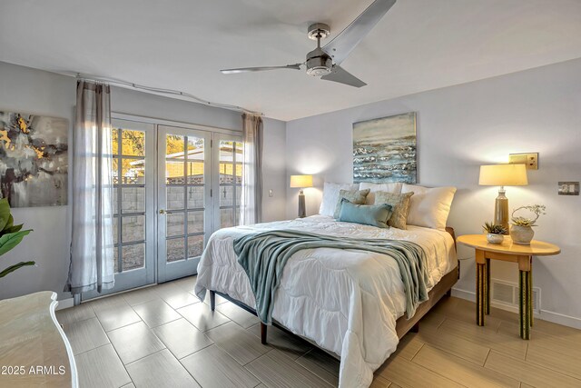 bedroom featuring ceiling fan, access to exterior, and french doors