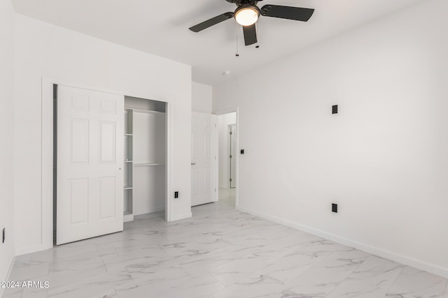 unfurnished bedroom featuring a closet, ceiling fan, and light tile patterned floors