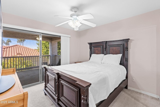 bedroom featuring access to outside, light colored carpet, and ceiling fan