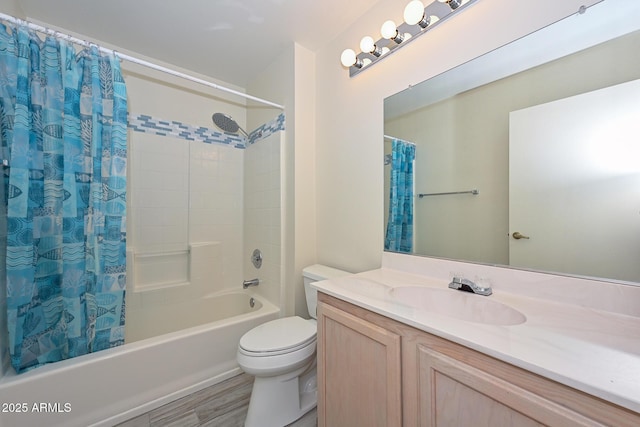 full bathroom with shower / tub combo, vanity, toilet, and hardwood / wood-style floors