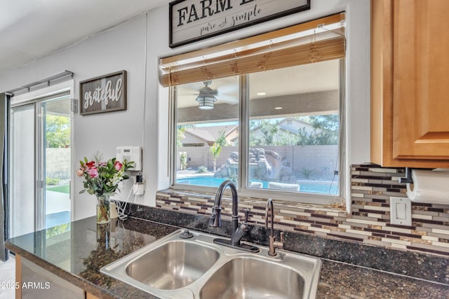 kitchen featuring dark stone countertops, a sink, and backsplash