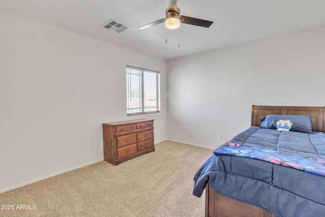 bedroom featuring light carpet, baseboards, ceiling fan, and visible vents