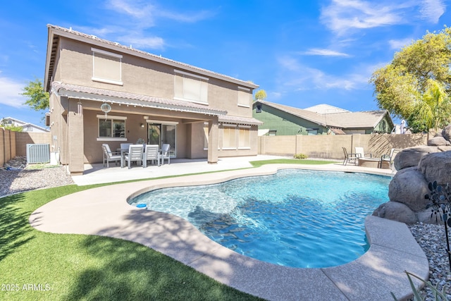 view of swimming pool with central AC, a fenced in pool, a fenced backyard, and a patio area