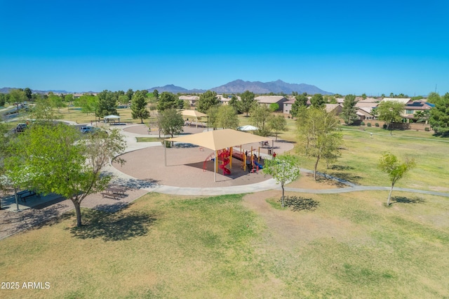 drone / aerial view featuring a mountain view
