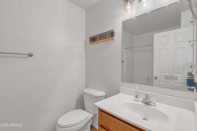 full bathroom featuring toilet, vanity, and walk in shower