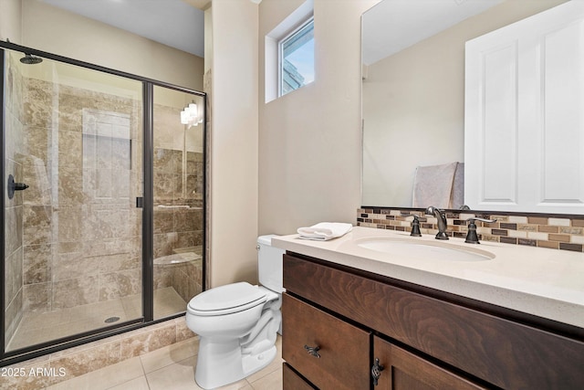 32128 S Bighorn Dr, Oracle, AZ 85623 - bathroom featuring vanity, tile patterned floors, a shower stall, and decorative backsplash
