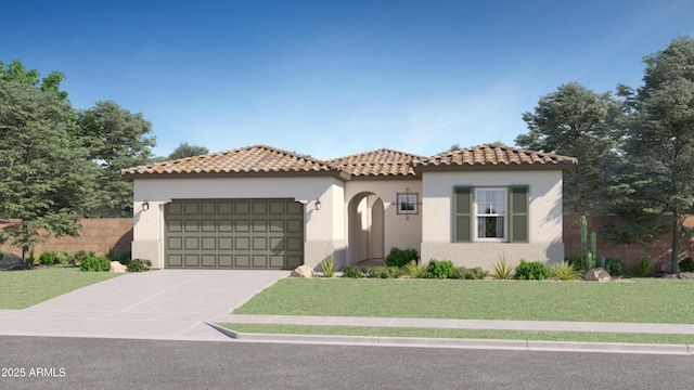 mediterranean / spanish-style home with an attached garage, stucco siding, driveway, and a tiled roof