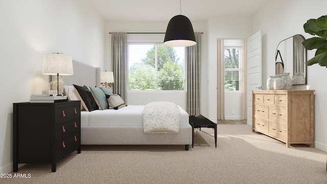 bedroom with light carpet, multiple windows, and baseboards
