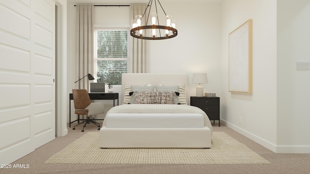 carpeted bedroom featuring a chandelier, baseboards, and a desk