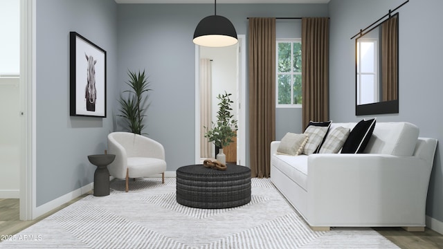 living area featuring baseboards and wood finished floors