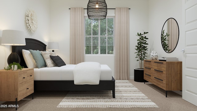 bedroom featuring light carpet