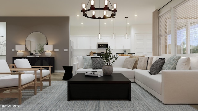 living room featuring a chandelier