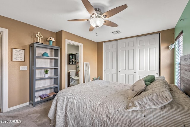 bedroom featuring carpet, ceiling fan, and a closet