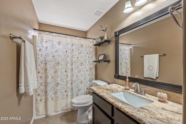 full bathroom featuring tasteful backsplash, vanity, toilet, shower / bathtub combination with curtain, and tile patterned floors