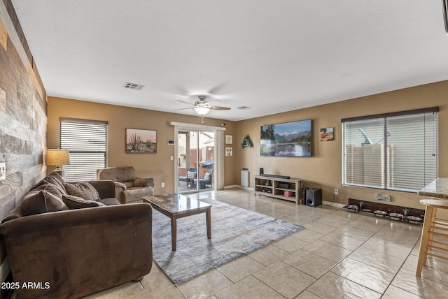 living room with ceiling fan